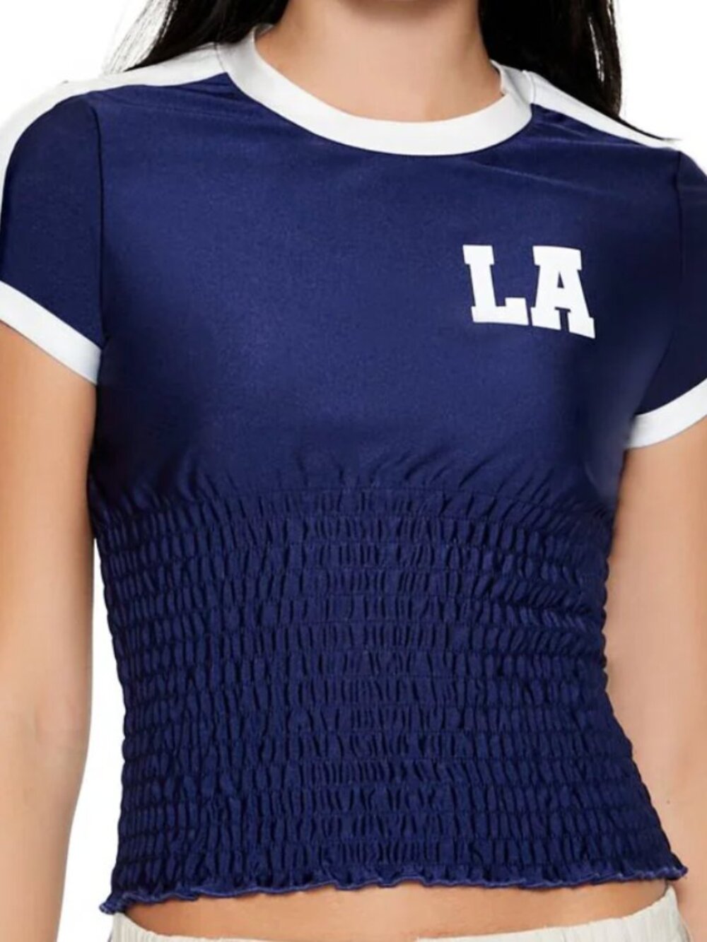 Forever 21 Smocked Ringer LA Cropped Tee Navy White Size Small